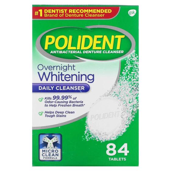 Средство для ухода за зубными протезами Polident Antibacterial, Overnight Whitening Triple Mint, 84 Таблетки