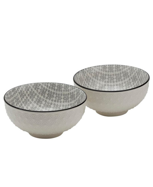 6.5" White Embossed Diamond Stoneware Ramen Noodle Bowls, Set of 2