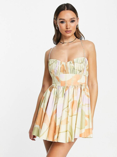 ASOS DESIGN cotton structured prom mini dress with corset detail in swirl print