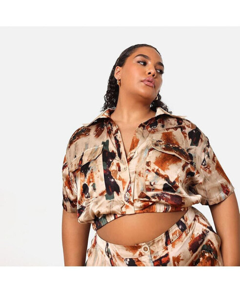 Plus Size Naima Satin Abstract Print Knotted Front Crop Top