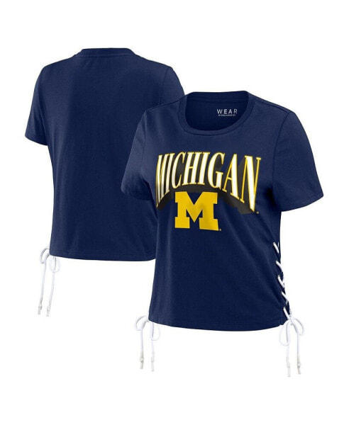 Women's Navy Michigan Wolverines Side Lace-Up Modest Crop T-shirt