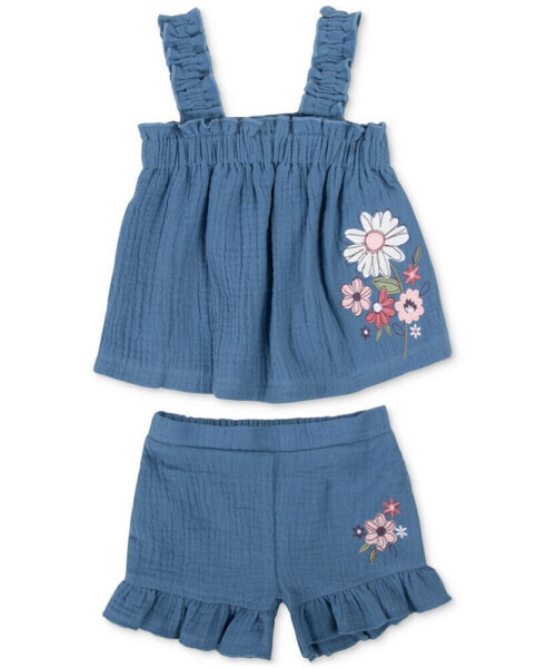 Baby Girls Cotton Chambray Top and Shorts, 2 Piece Set