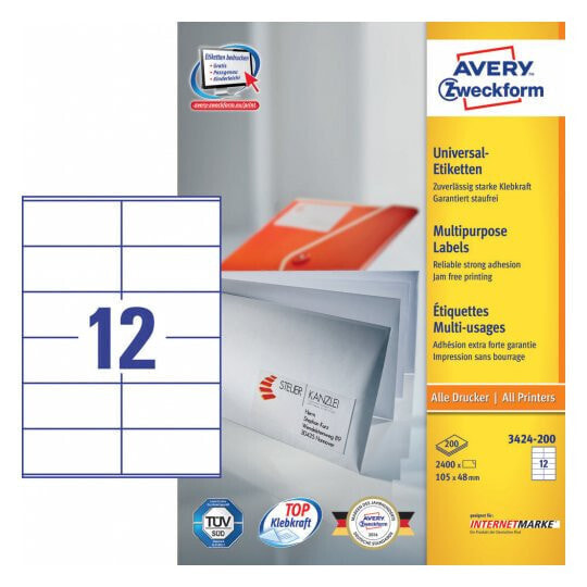 Avery Zweckform Avery 3424-200 - White - Rectangle - Permanent - A4 - Paper - Laser/Inkjet