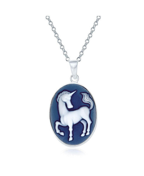 Antique Style Pegasus Carved Oval Medallion Celestial Blue Mythical Unicorn l Cameo Necklace Pendant For Women Sterling Silver