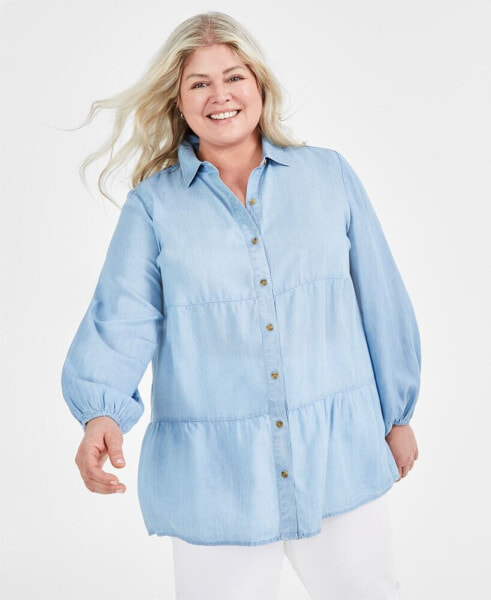 Plus Size Long-Sleeve Tiered Tunic Shirt, Created for Macy's
