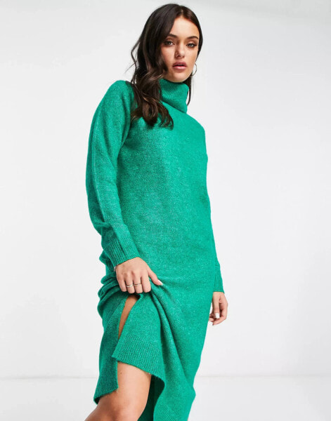 Pieces roll neck knitted midi dress in bright green