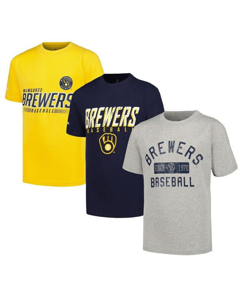 Big Boys Heather Gray, Navy, Gold Distressed Milwaukee Brewers Three-Pack T-shirt Set