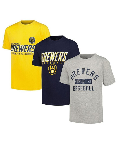 Футболка для малышей Stitches серая сине-золотая Milwaukee Brewers, коллекция Distressed, набор из трех штук