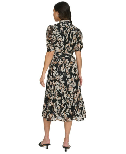 Women's Printed Puff-Sleeve Button-Front Dress