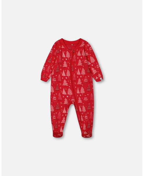 Baby Girls Baby Organic Cotton One Piece Pajama Red Printed Christmas Tree