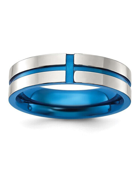 Stainless Steel Polished Blue IP-plated Grooved Band Ring