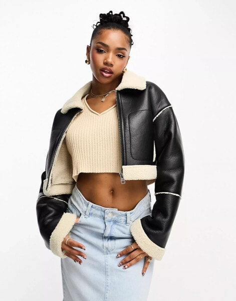 Pull&Bear faux leather cropped shearling detail jacket in black