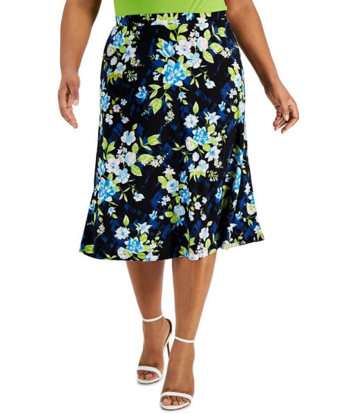 Plus Size Floral Flared Pull-On Midi Skirt