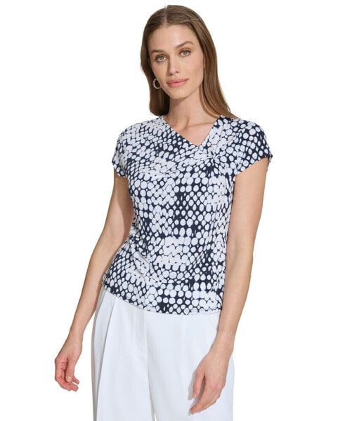 Women's Printed Asymmetric-Neck Short-Sleeve Top