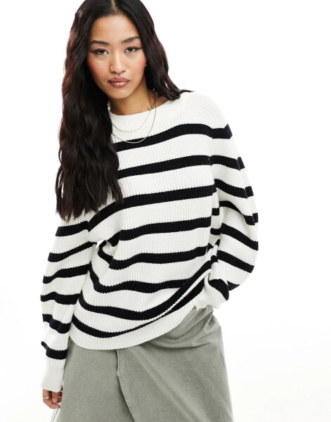 Pull&Bear boxy ribbed jumper in ecru stripe