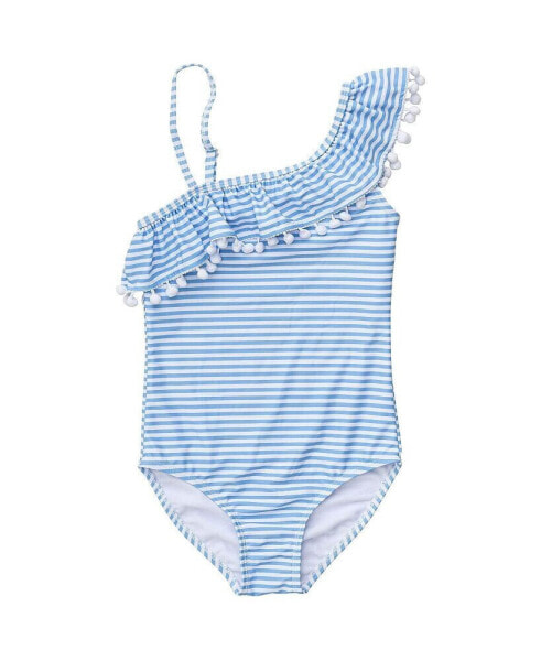Toddler, Child Girls Powder Blue Sustainable Stripe Bow Swimsuit