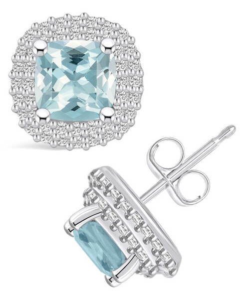 Aquamarine (1-3/4 ct. t.w.) and Diamond (3/8 ct. t.w.) Halo Stud Earrings in 14K White Gold