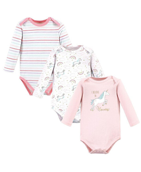 Baby Girls Cotton Long-Sleeve Bodysuits, Glitter Unicorn, 3-Pack