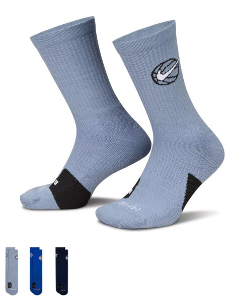 Nike Basketball Everyday 3 pack crew socks in grey, blue & dark grey