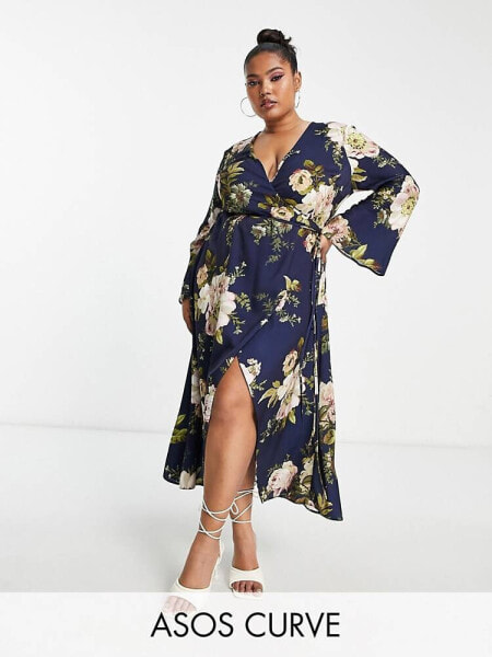 ASOS DESIGN Curve bias cut satin wrap dress with tie waist in navy floral print