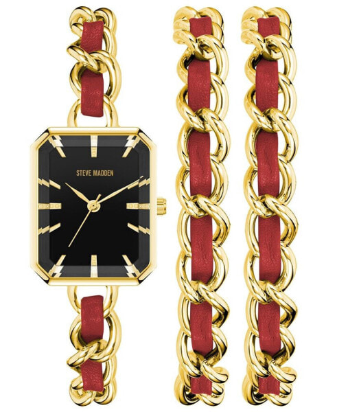 Women's Gold-Tone Alloy Chain with Red Insert Bracelet Watch Set, 22mm