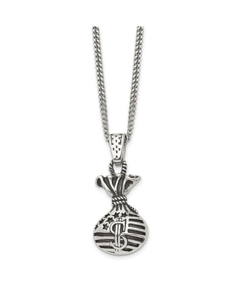 Polished and Antiqued Money Bag Pendant Curb Chain Necklace