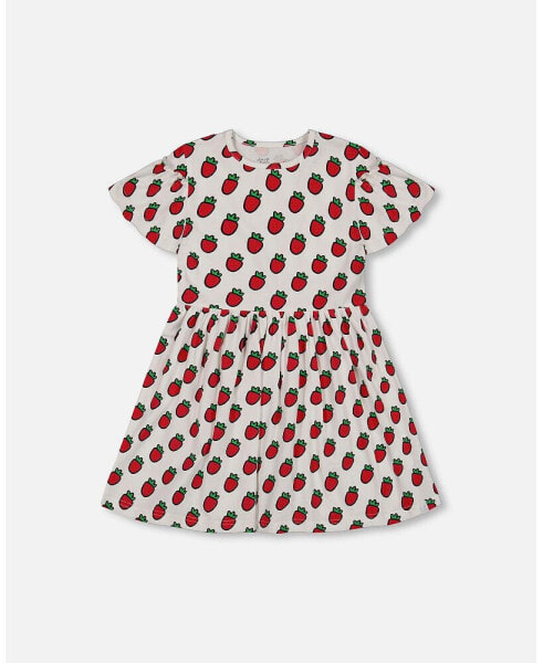 Girl Organic Cotton Dress With Flounce Sleeves White Printed Pop Strawberry - Child