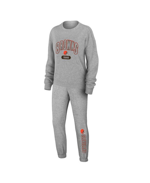 Women's Heather Gray Cleveland Browns Knit Long Sleeve Tri-Blend T-shirt and Pants Sleep Set