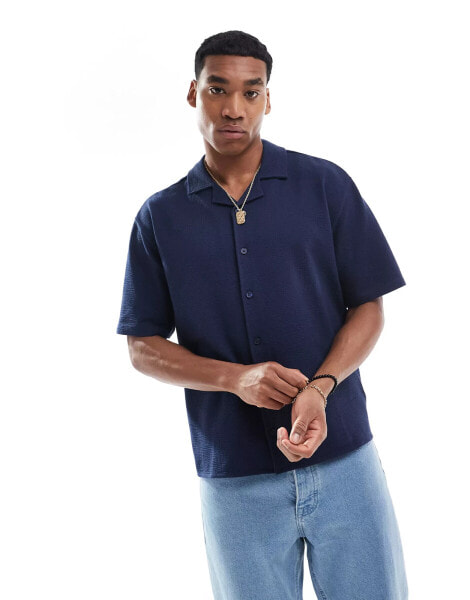 Threadbare seersucker short sleeve revere collar shirt in navy