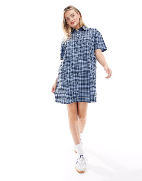 Tommy Jeans Checked Shirt Mini Dress in Blue