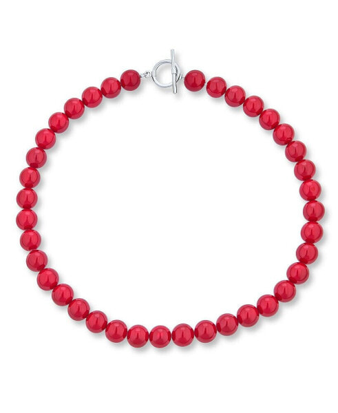 Plain Simple Smooth Classic Red Synthetic Calcite Round 10MM Bead Strand Necklace For Women Silver Plated Clasp 16 Inch