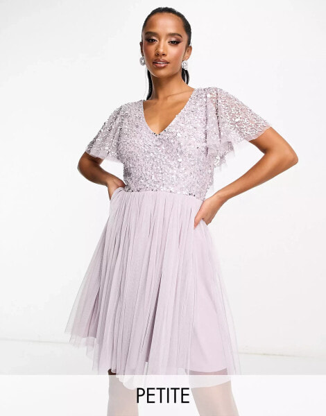 Beauut Petite Bridesmaid embellished mini dress with flutter detail in lilac