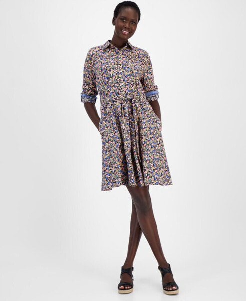 Women's Cotton Floral Roll-Tab Shirtdress