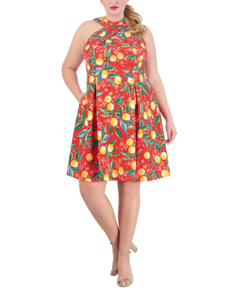 Plus Size Printed High-Neck Fit & Flare Dress