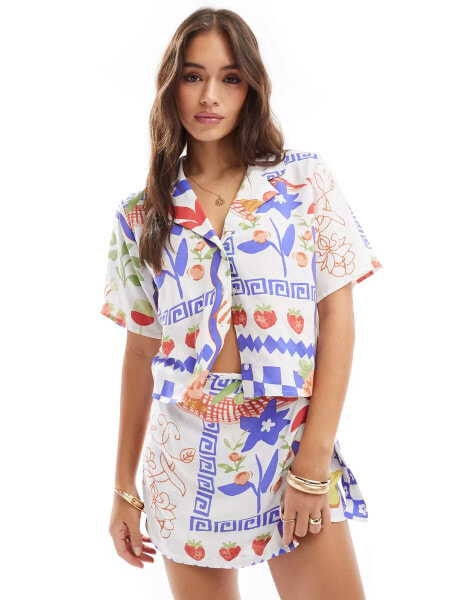 ASOS DESIGN revere crop co-ord shirt in mosaic fruit print