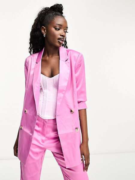 Pieces oversized satin blazer in bright pink