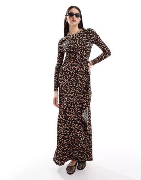 ASOS DESIGN crinkle long sleeve maxi dress in leopard print