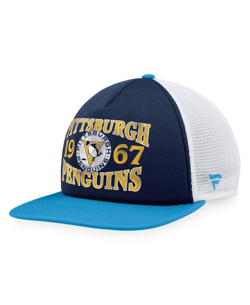 Men's Navy, Light Blue Distressed Pittsburgh Penguins Heritage Vintage-Like Foam Front Trucker Snapback Hat
