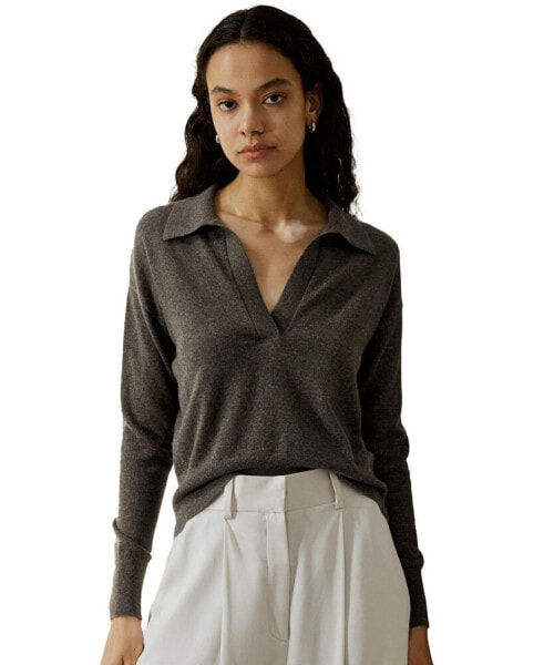 Women's V Neck Cashmere Polo Sweater