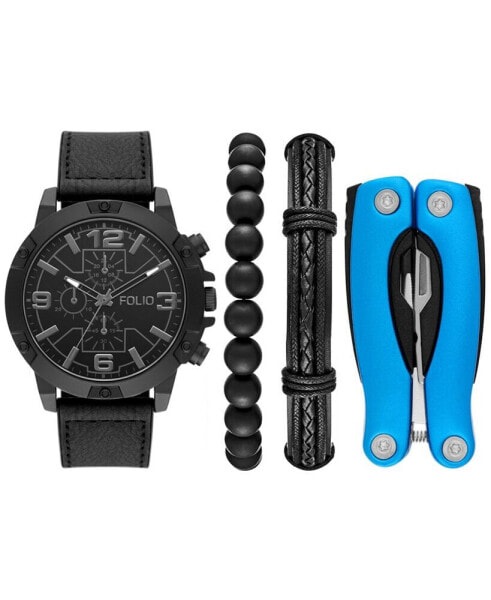 Men's Quartz Three Hand Black Polyurethane Watch 48mm, Gift Set