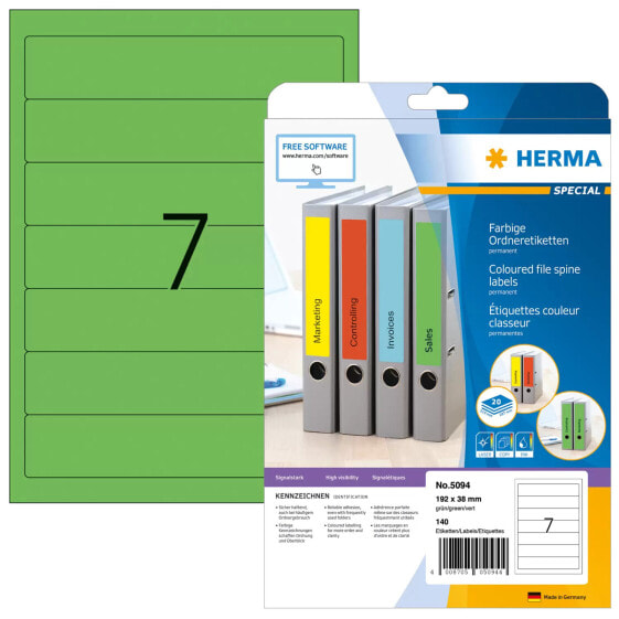 HERMA File labels A4 192x38 mm green paper matt opaque 140 pcs. - Green - Self-adhesive printer label - A4 - Paper - Laser/Inkjet - Permanent