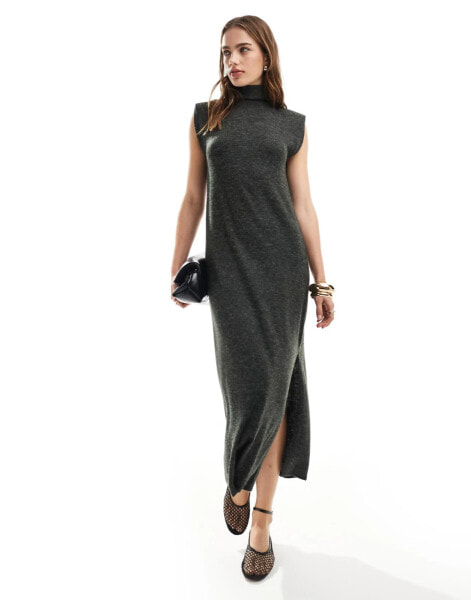 ASOS DESIGN supersoft roll neck maxi dress with shoulder pads in charcoal