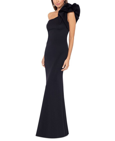 Petite Ruffle-Shoulder Evening Gown