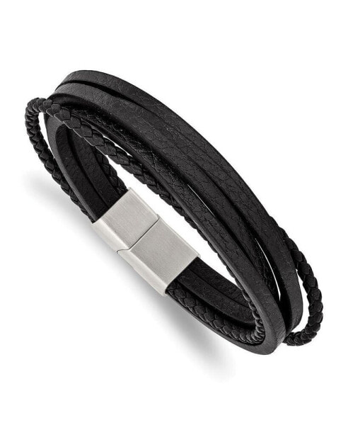 Stainless Steel Brushed Multi Strand Black Leather Bracelet