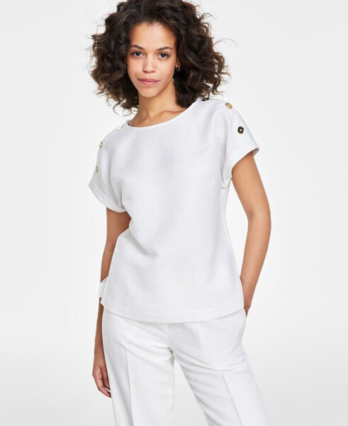 Women's Linen-Blend Button-Shoulder Short-Sleeve Top, Regular & Petite