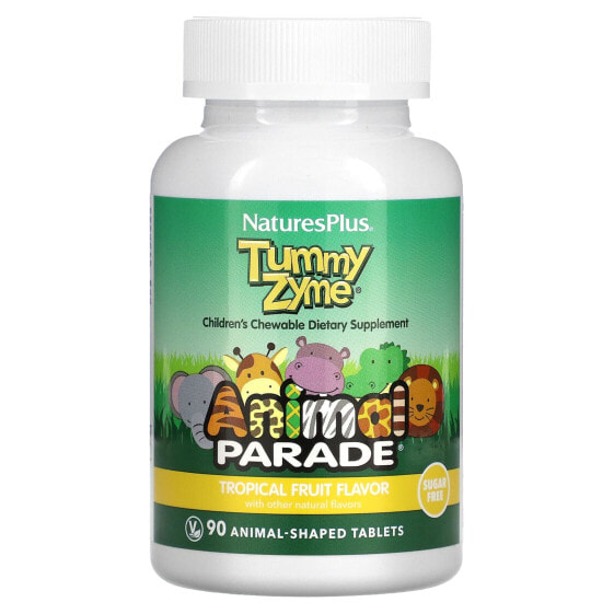 NaturesPlus, Source of Life, Animal Parade, Tummy Zyme с активными ферментами, цельными продуктами и пробиотиками, натуральный вкус тропических фруктов, 90 таблеток в форме животных