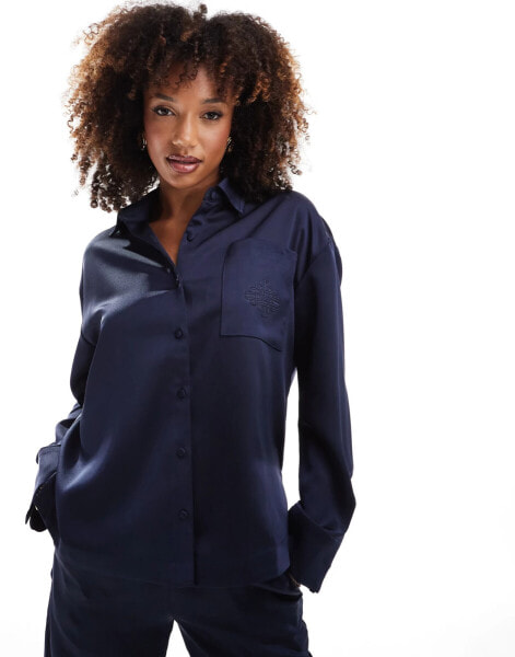 The Couture Club co-ord satin emblem shirt in navy