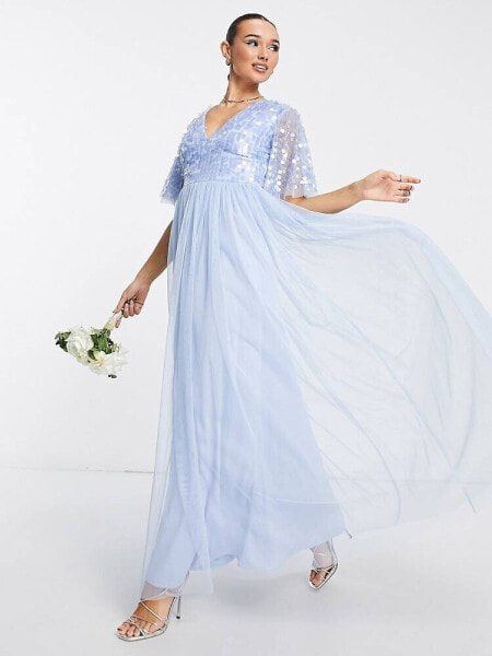 Maya – Bridesmaid – Maxikleid in Blau mit Flatterärmeln und Pailletten