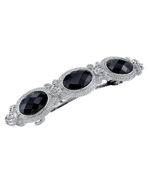 Silver-Tone Black Stones Oval Barrette