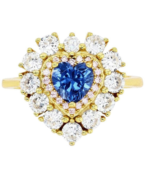 Cubic Zirconia Blue & White Heart Halo Ring in 14k Gold-Plated Sterling Silver